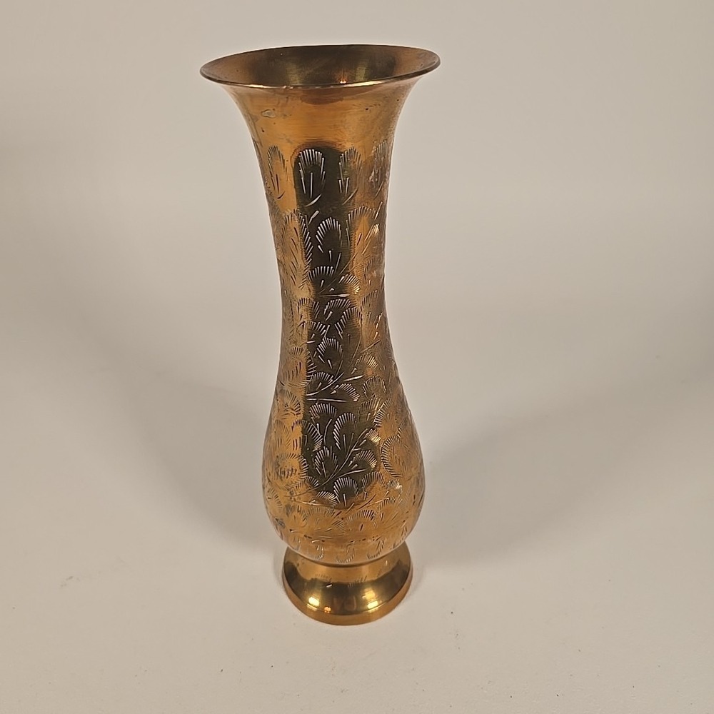 Vintage Solid Brass Vase India Made Etched Floral Design Gold Ornate 10Inch Tall